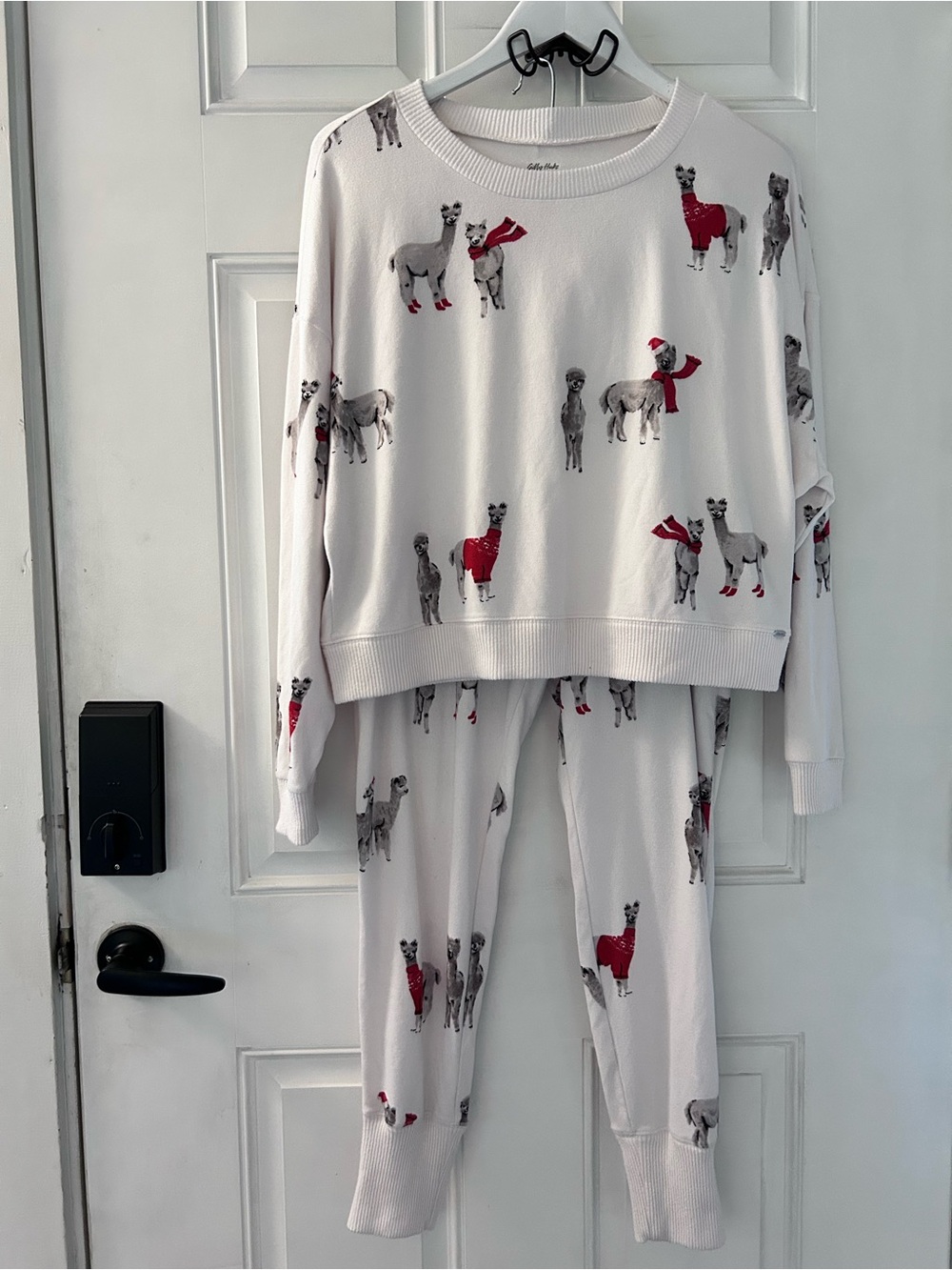 Womens White Llama Print Pajama Set with Red Accents